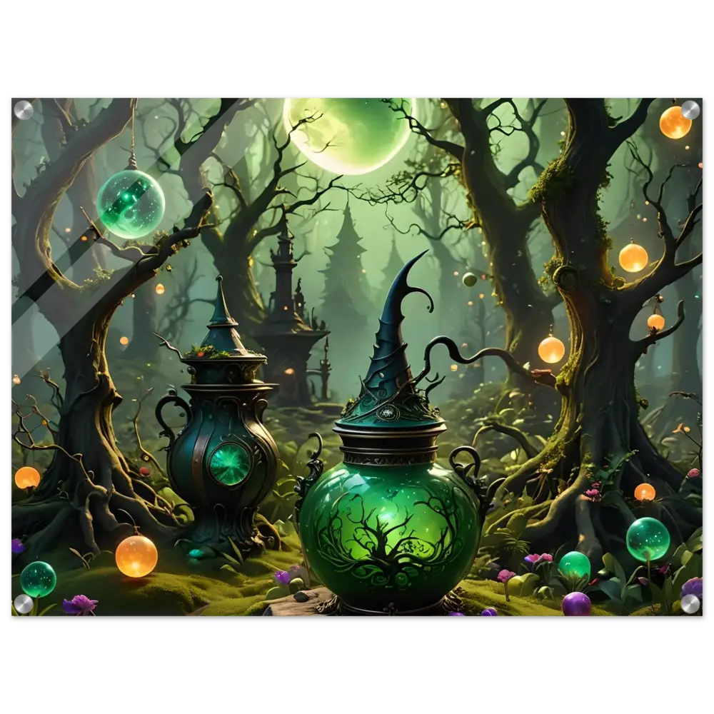 Green witch’s potion jar with pointed hat lid in Witchcraft Forest Acrylic Panel wall art