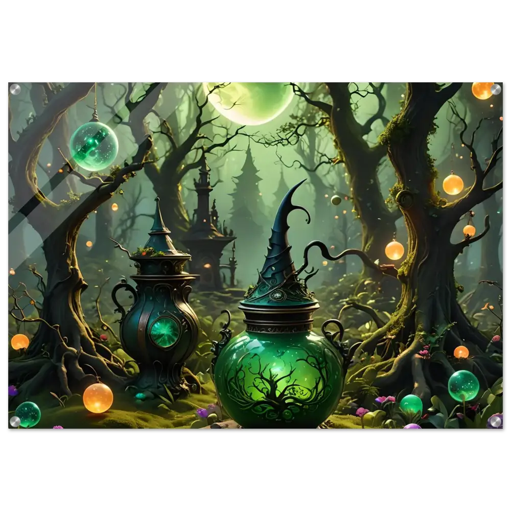 Green witch’s brew pot with pointed hat lid on Mystic Depth Wall Art acrylic panel