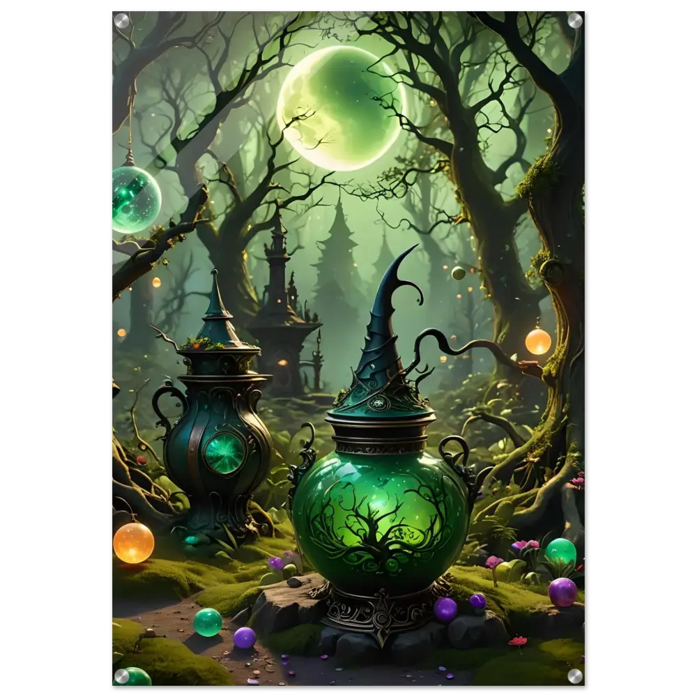 Green witch’s brew pot with pointed hat lid on Mystic Depth Wall Art acrylic panel