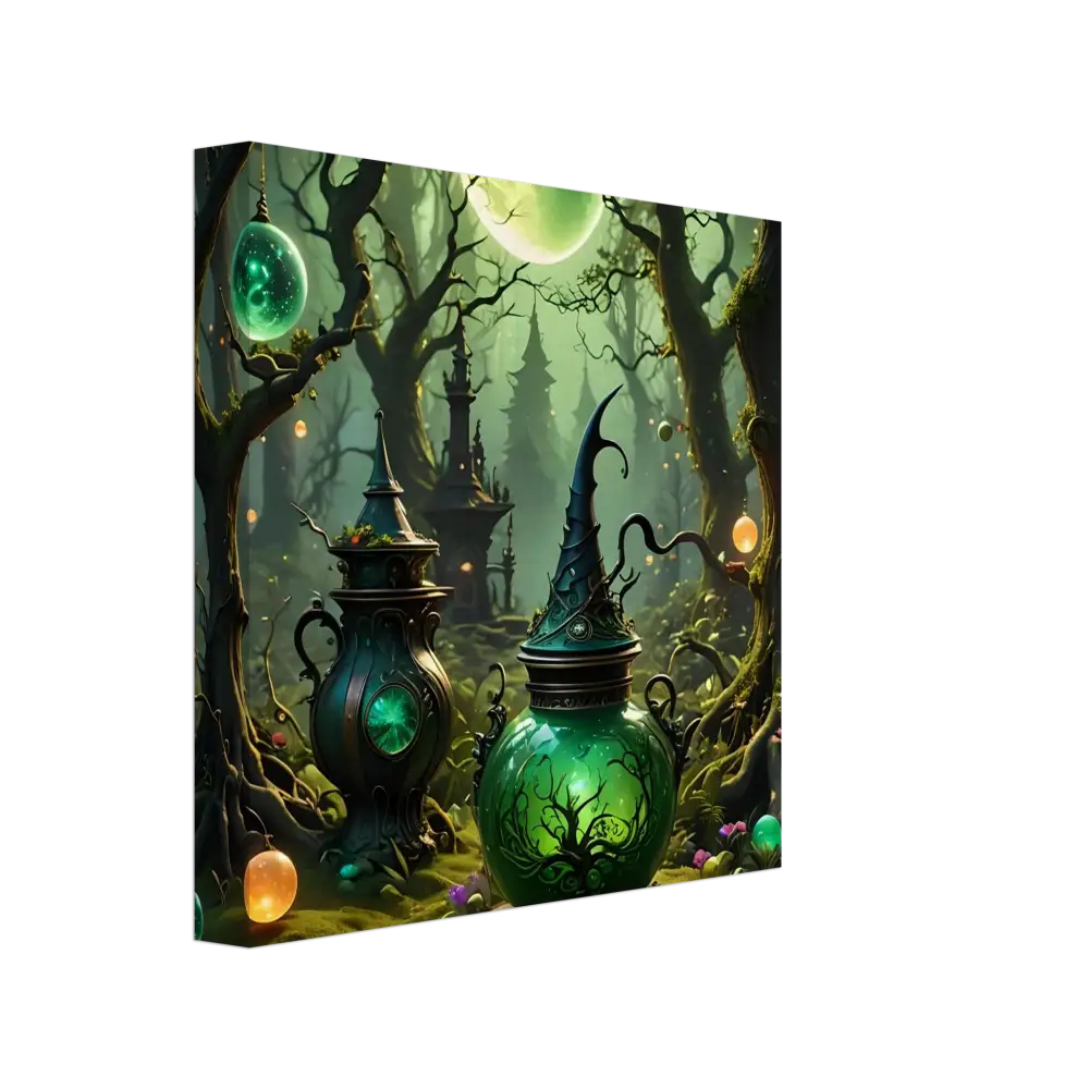 Enchanted potion bottles in a mystical forest for Witchcraft Forest Canvas Wall Art