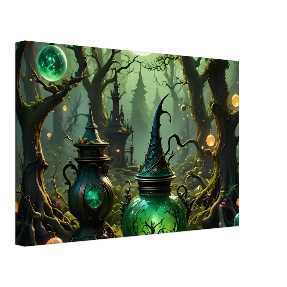 Enchanted potion vessels in a mystical forest displayed on Witchcraft Forest Canvas Wall Art
