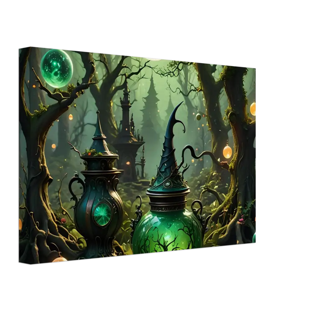 Whimsical green-toned potion vessels displayed on Witchcraft Forest Canvas Wall Art