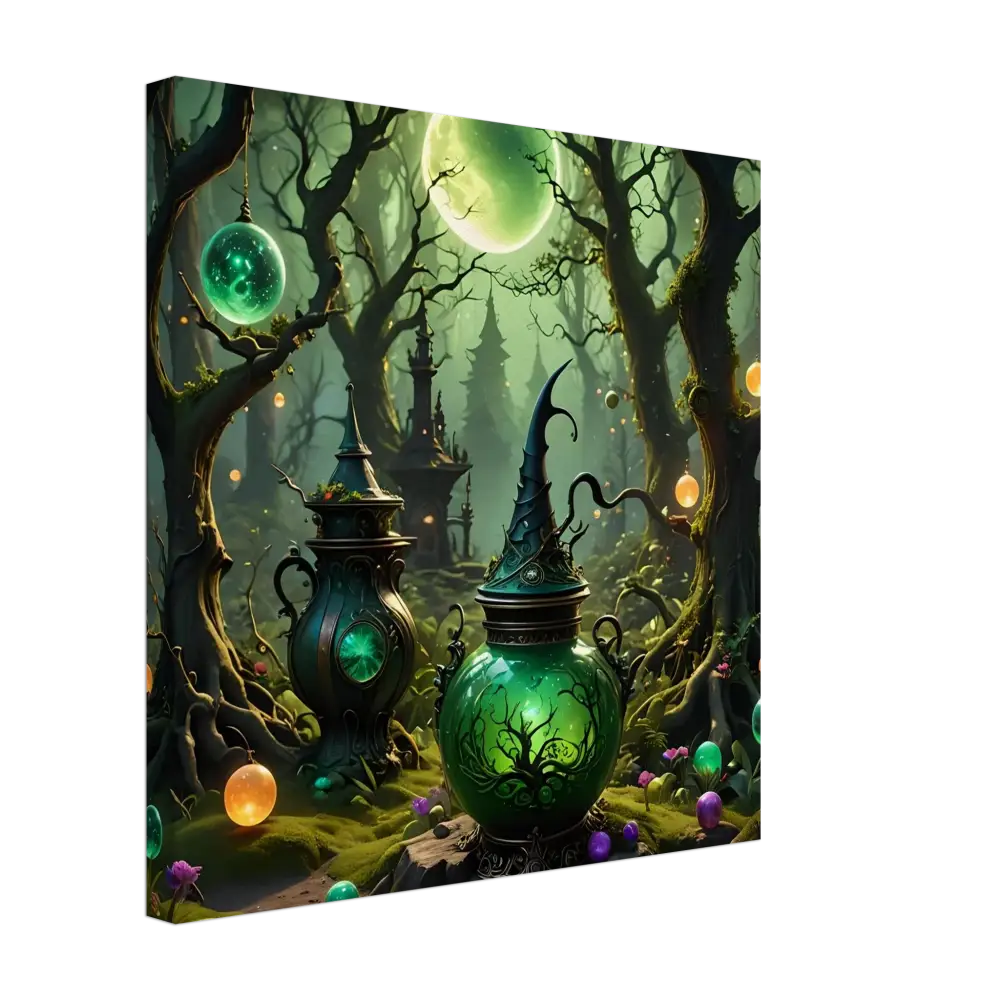 Green witchs potion jar displayed in Witchcraft Forest Canvas Wall Art for fantasy room decor