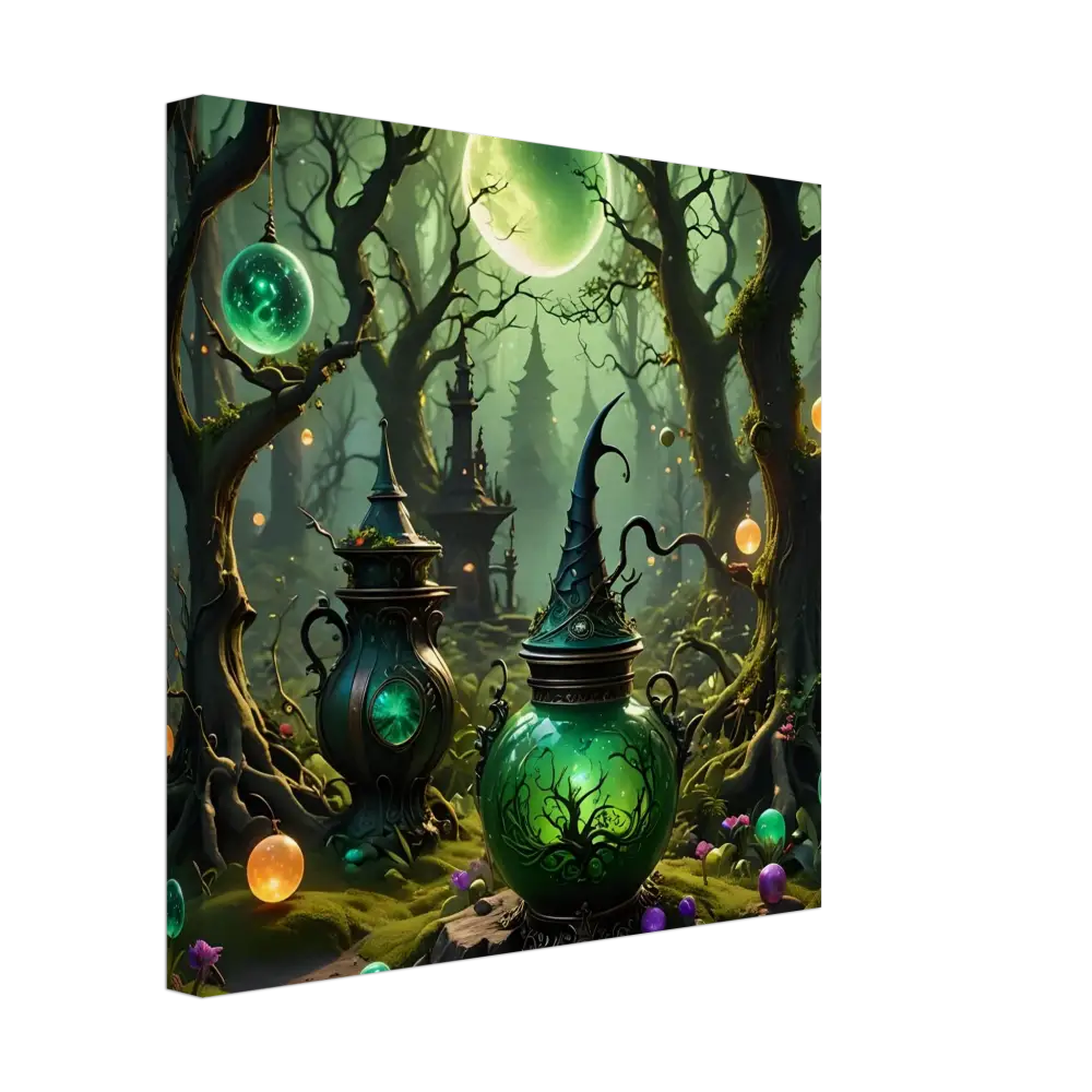 Enchanted green potion jar with witch’s hat lid for Witchcraft Forest Canvas Wall Art