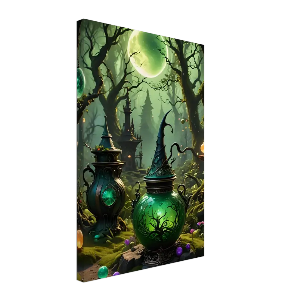 Ornate green witch’s potion jars on Witchcraft Forest Canvas Wall Art for fantasy rooms