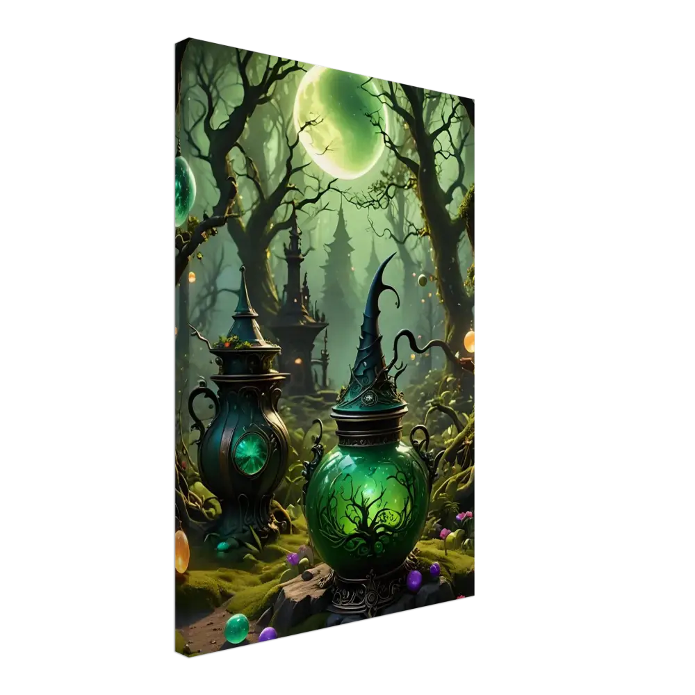 Whimsical green potion bottles featuring in Witchcraft Forest Canvas Wall Art for a fantasy room