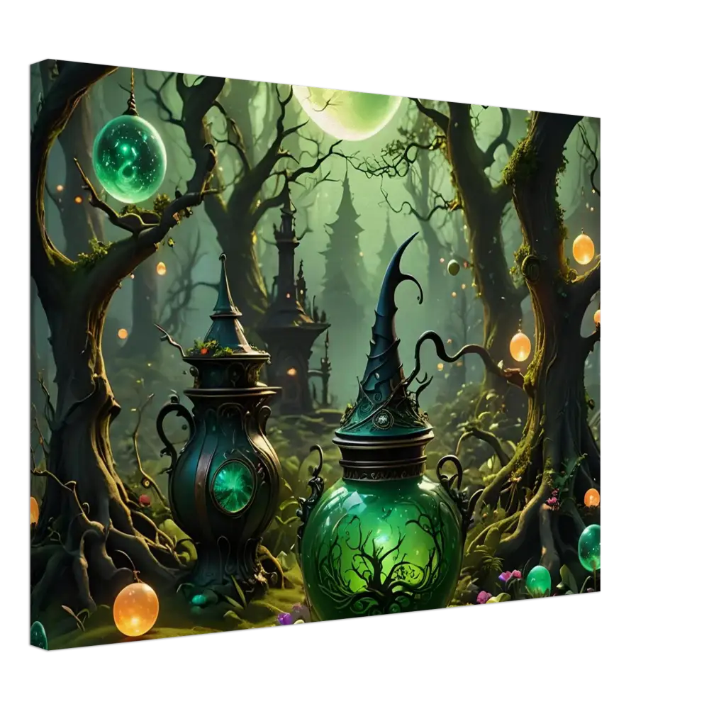 Whimsical green potion bottles featured in Witchcraft Forest Canvas Wall Art for fantasy rooms