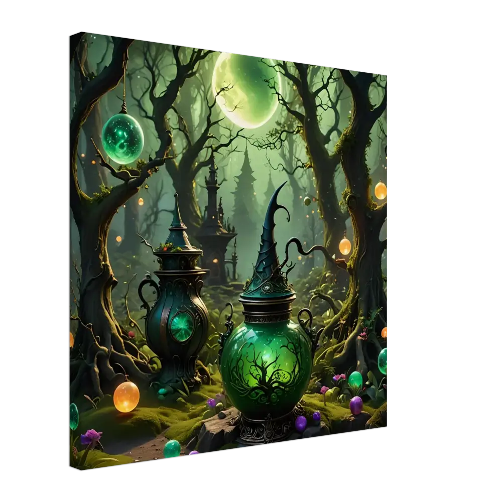 Whimsical green potion jars displayed on Witchcraft Forest Canvas Wall Art for fantasy room decor