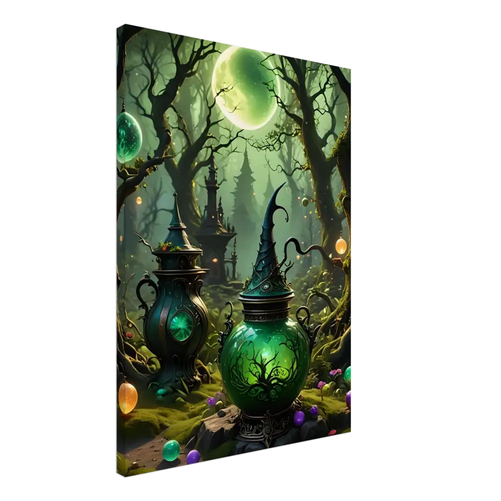 Glowing green potion jars displayed on Witchcraft Forest Canvas Wall Art for fantasy room decor