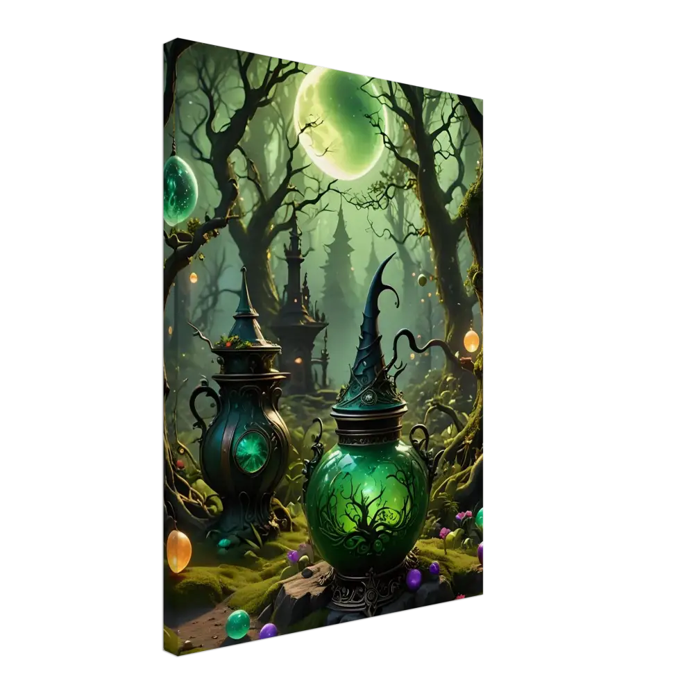 Whimsical witch’s potion bottles displayed on Witchcraft Forest Canvas Wall Art