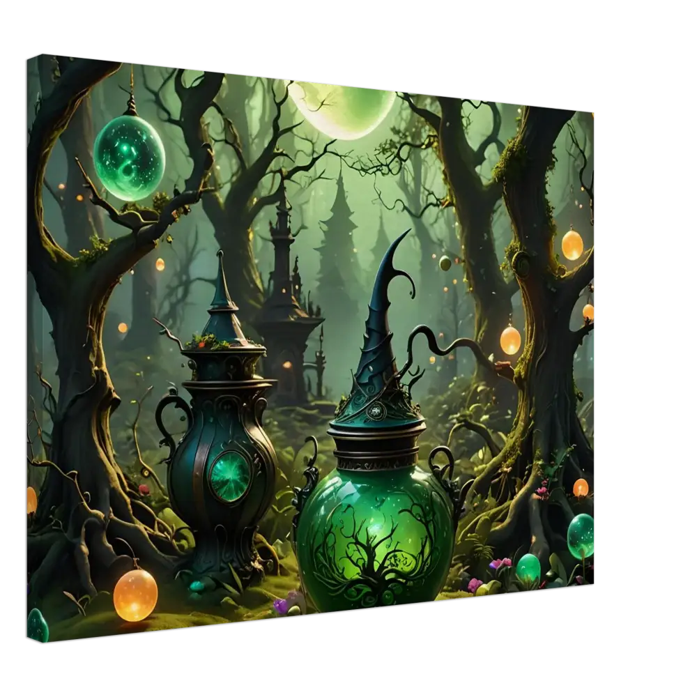 Enchanted potion bottles displayed as part of Witchcraft Forest Canvas Wall Art for a fantasy room