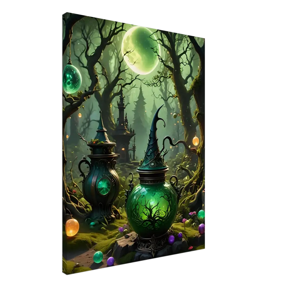 Whimsical green potion bottles displayed in Witchcraft Forest Canvas Wall Art for a fantasy room