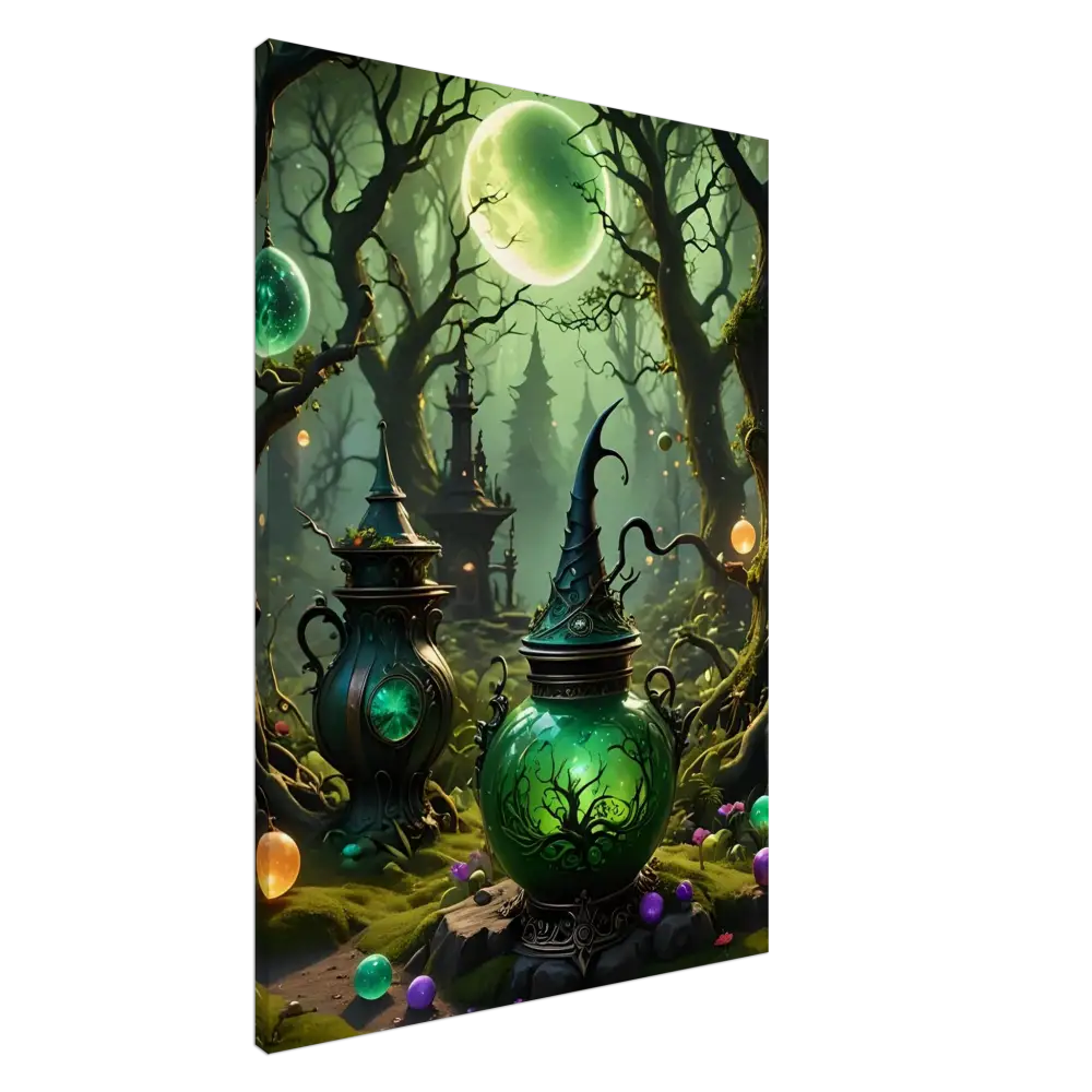 Green magical potion jar displayed in Witchcraft Forest Canvas Wall Art fantasy room decor