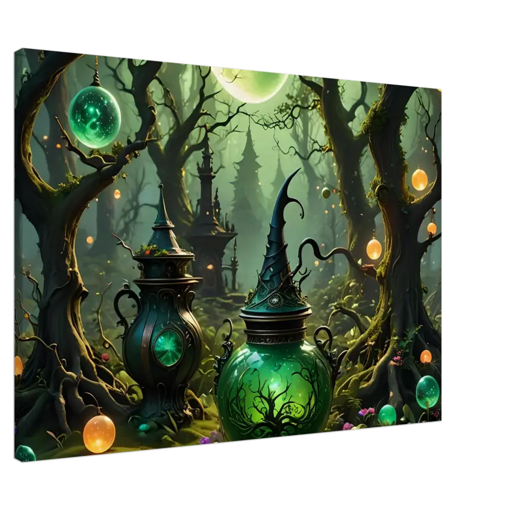 Enchanted potion bottles in a mystical forest for Witchcraft Forest Canvas Wall Art