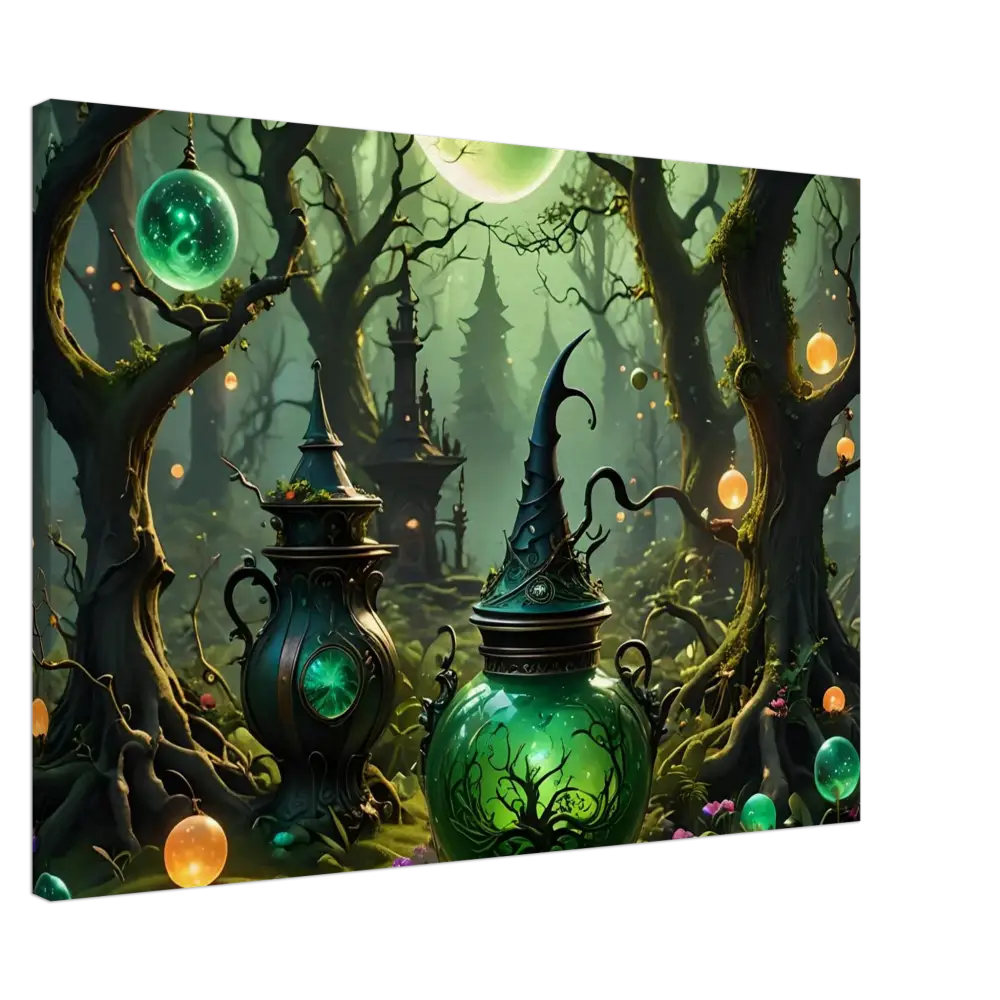 Enchanted potion vessels in a mystical forest for Witchcraft Forest Canvas Wall Art