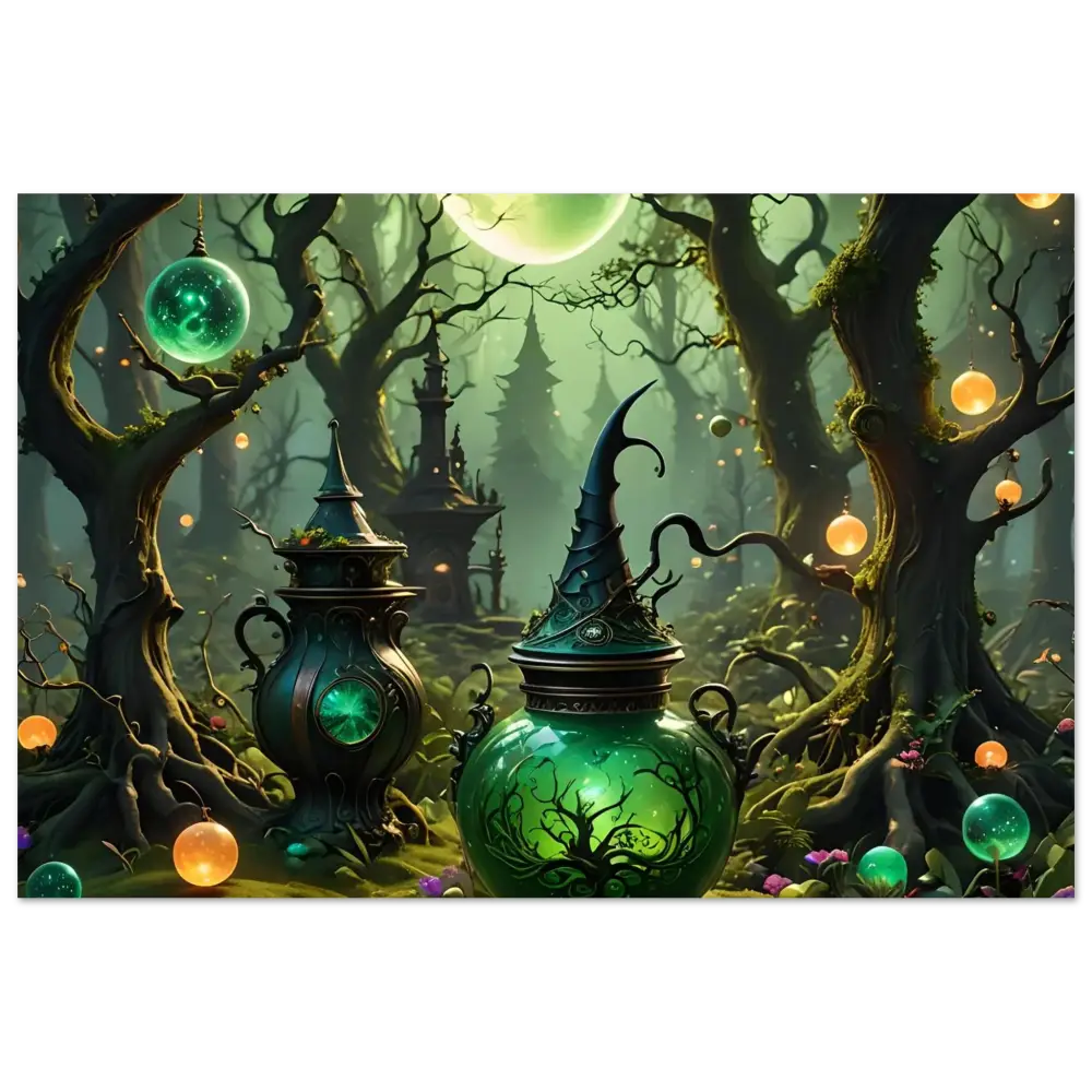 Green witchs potion jar with pointed hat lid from Witchcraft Forest Fine Art Poster