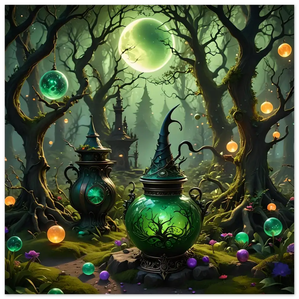 Ornate green potion pot with witch’s hat lid from Witchcraft Forest Fine Art Poster
