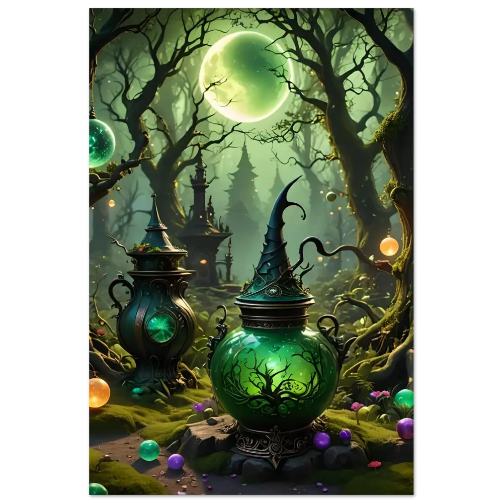 Green magical potion containers displayed on Witchcraft Forest Fine Art Poster PixiOnyx Exclusive