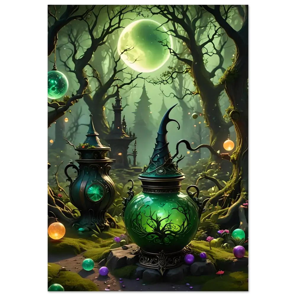Green magical potion pot with witch hat lid in Witchcraft Forest Fine Art Poster PixiOnyx