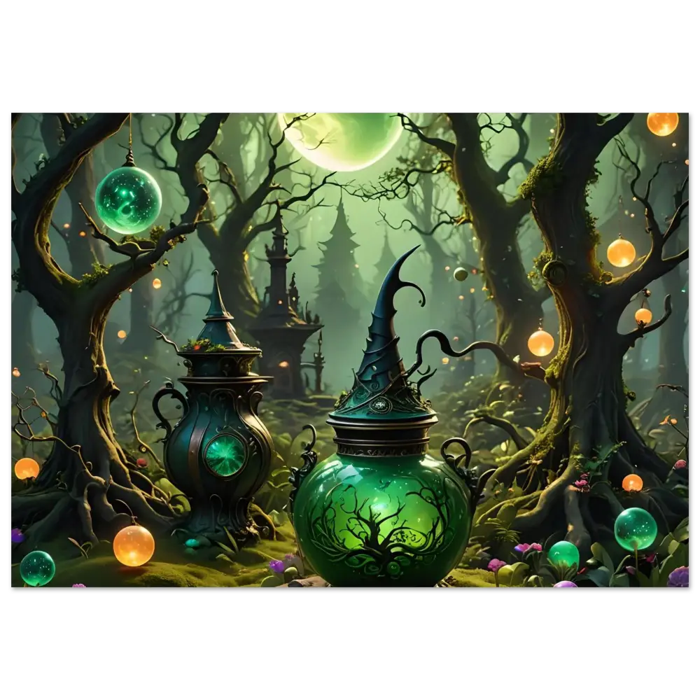 Enchanted green potion cauldrons on Witchcraft Forest Fine Art Poster by PixiOnyx