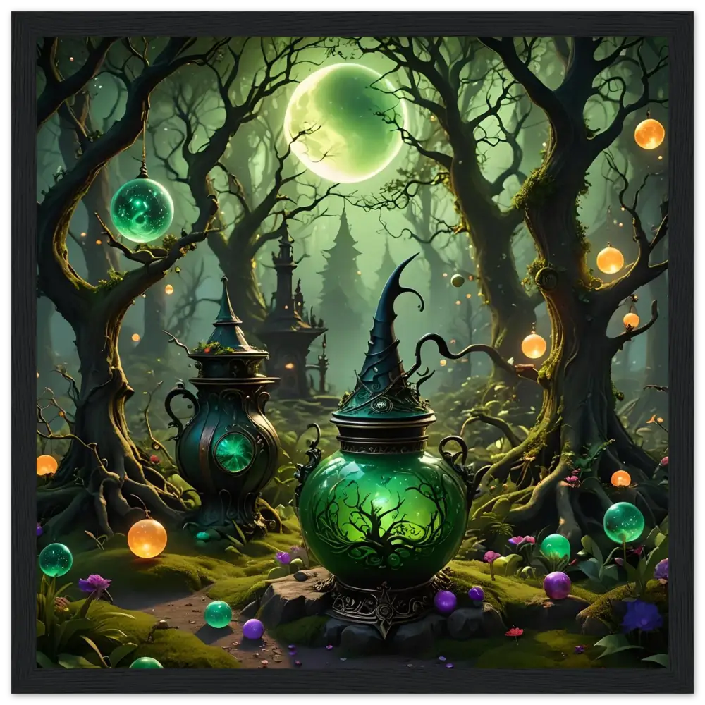 Glowing green witch’s cauldron in Witchcraft Forest Framed Matte Poster Enchanted Forest Wall Art
