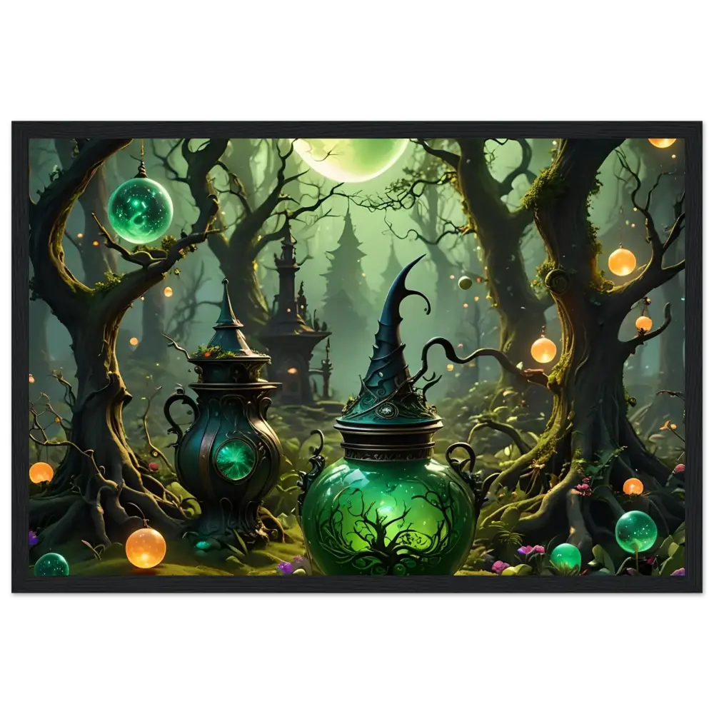 Enchanted green potion bottle with witch hat stopper in Witchcraft Forest Wall Art poster