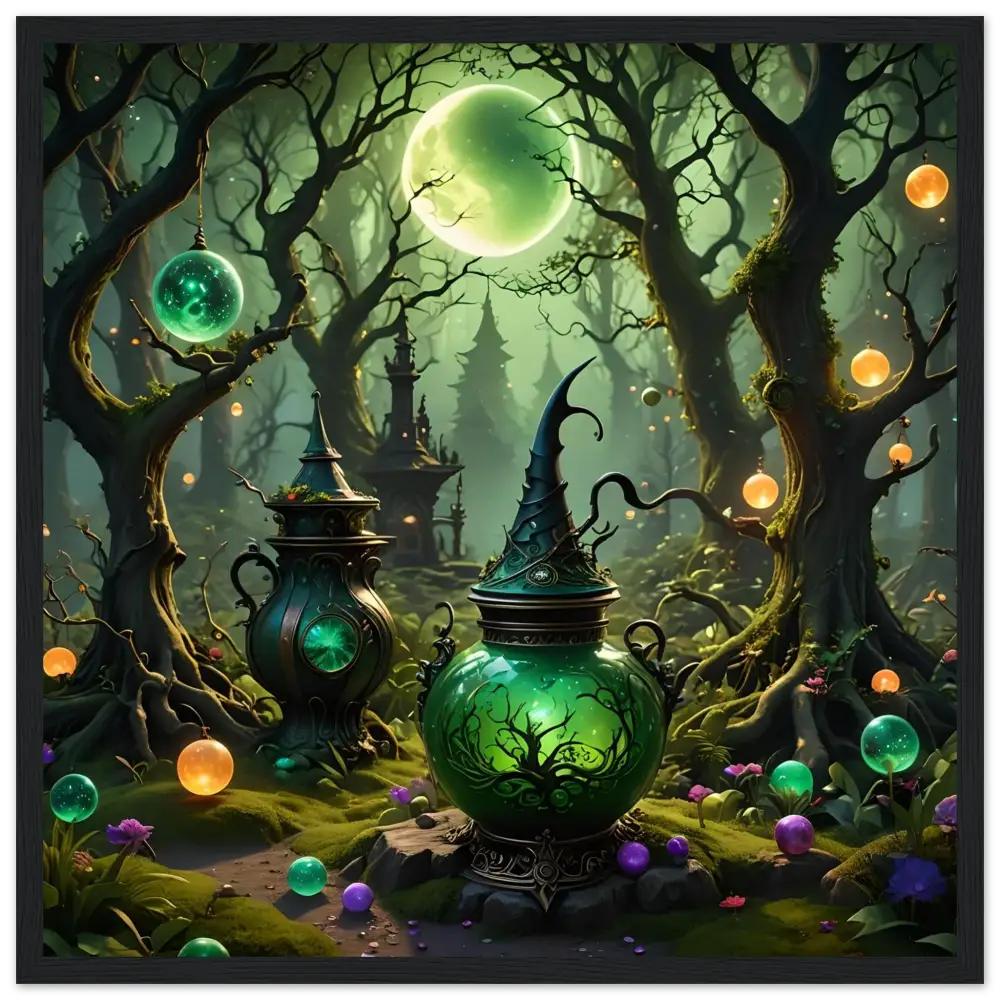 Glowing green witch’s cauldron as enchanted forest wall art in Witchcraft Forest framed poster