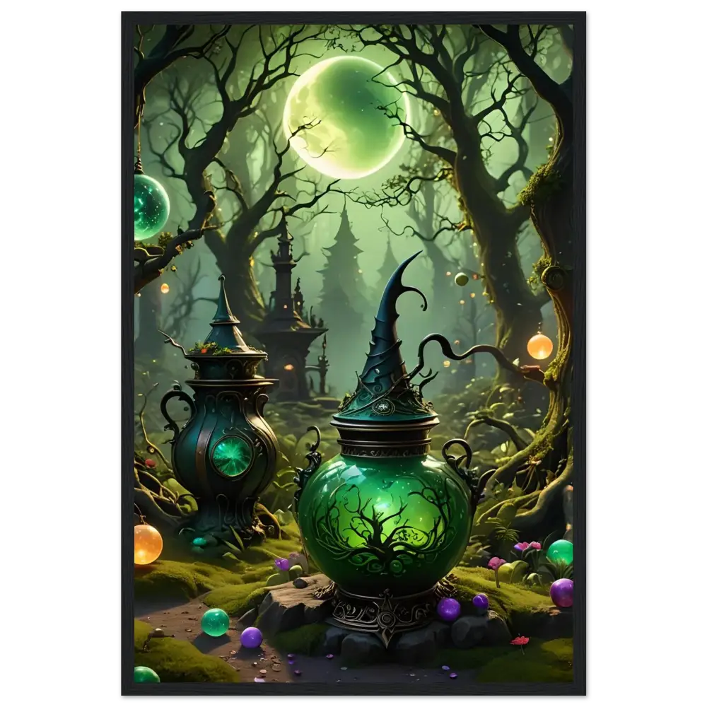 Green magical potion pot displayed in Witchcraft Forest Framed Matte Poster Wall Art