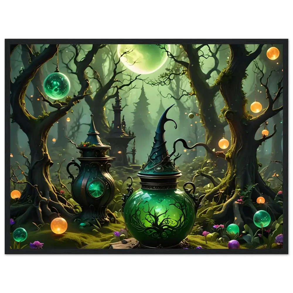 Glowing green witch’s potion jar with pointed hat lid on Enchanted Forest Wall Art poster