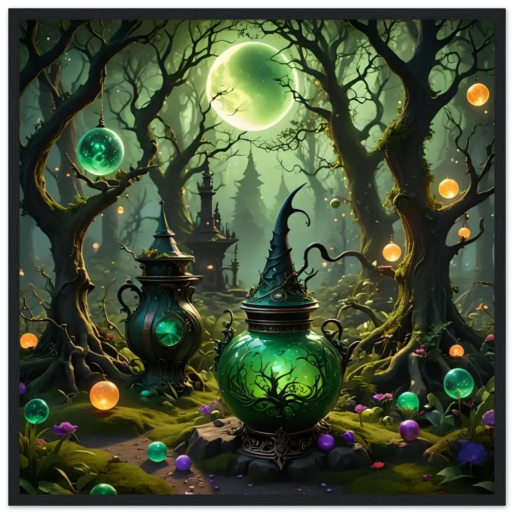 Enchanted green potion vessel from Witchcraft Forest Framed Matte Poster Wall Art