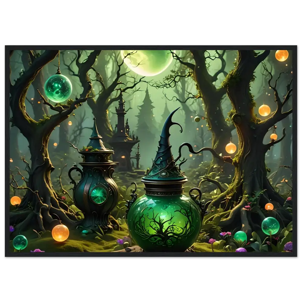 Ornate green witch’s potion bottle with pointed hat lid on Enchanted Forest wall art poster