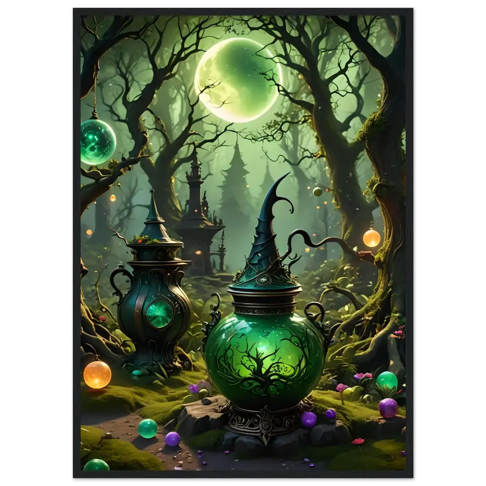 Glowing green potion cauldron displayed on Witchcraft Forest Framed Matte Poster