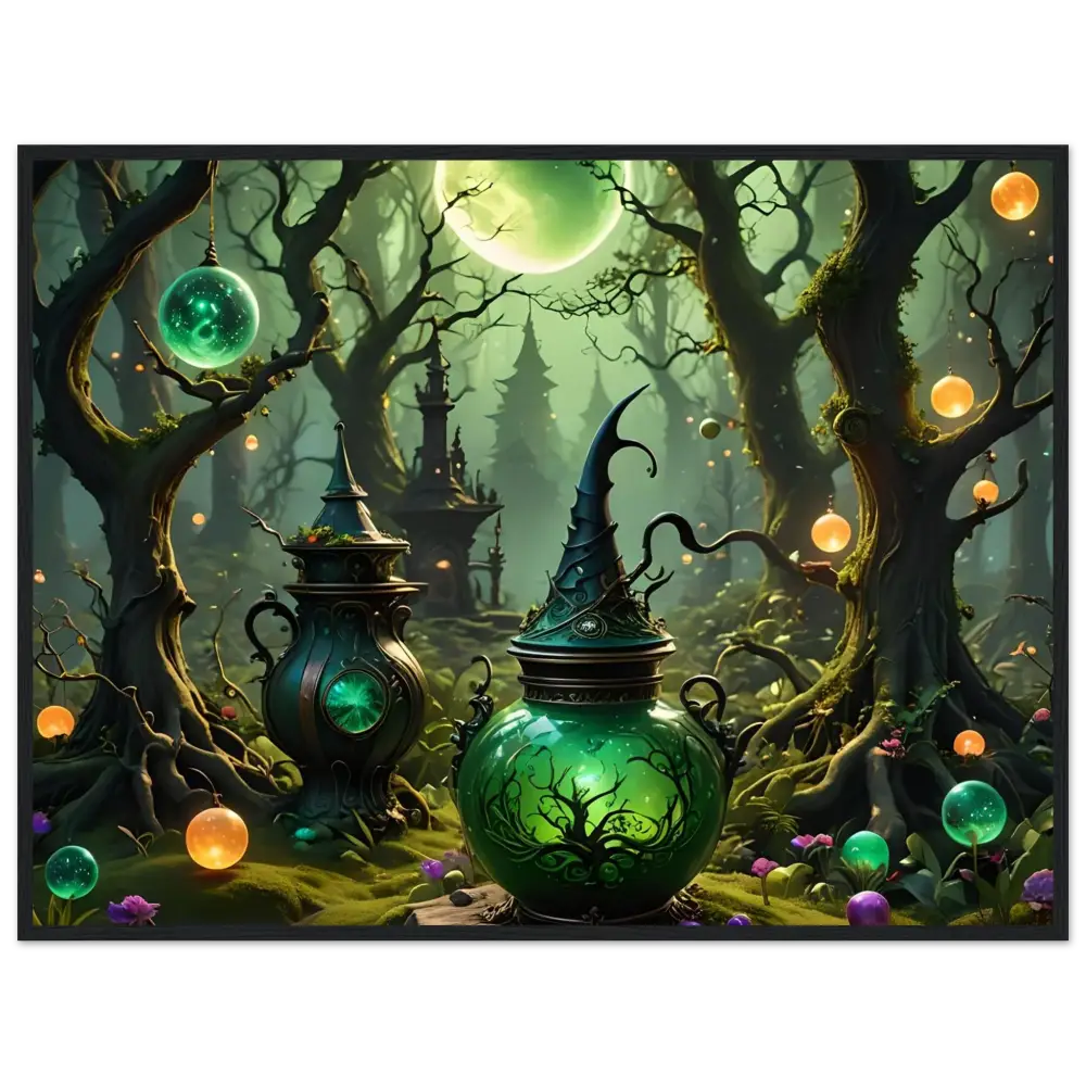 Green witchs potion jar in a magical forest themed wall art poster