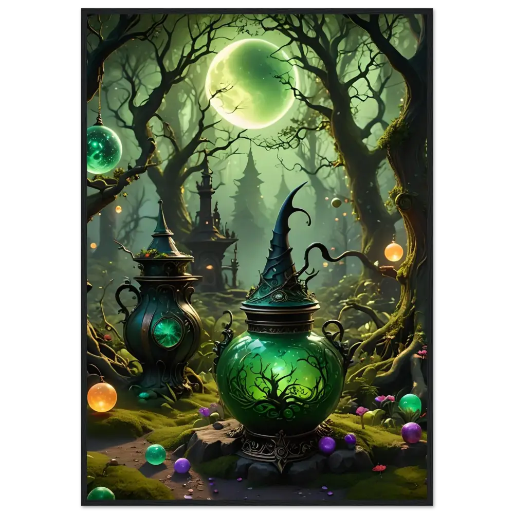 Green witch’s cauldron with pointed hat lid framed as Enchanted Forest Wall Art