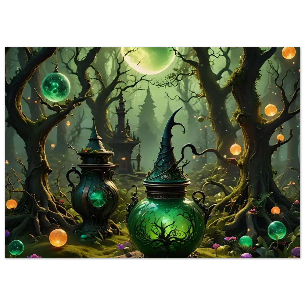 Green witchs potion jar with pointed hat lid in rustic magical wall art print