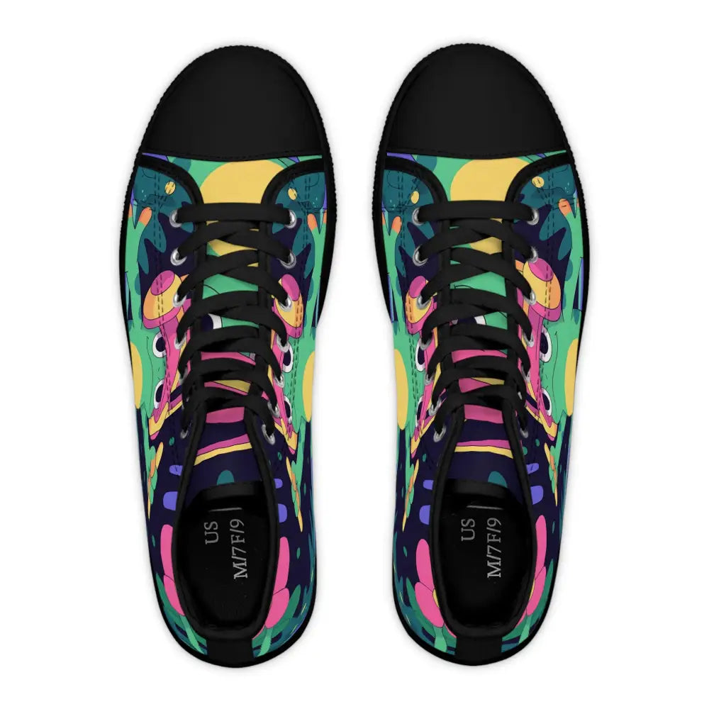 Colorful patterned high-top sneakers from DJ Frog Lilygroove PixiOnyx Festival Kicks