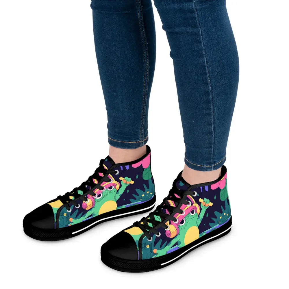 Women’s high-top sneakers featuring a cartoon frog design from DJ Frog Lilygroove PixiOnyx Festival Kicks