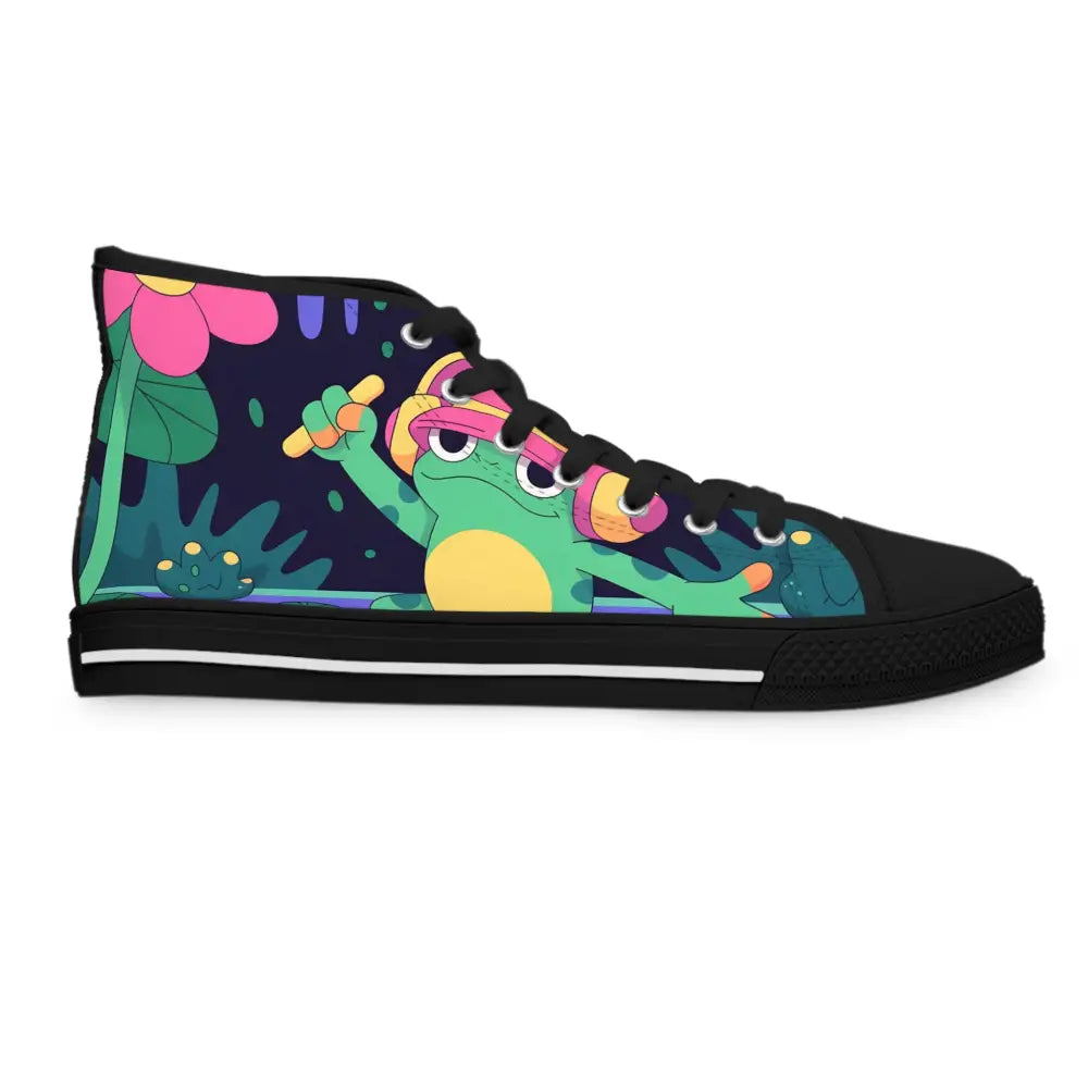Women’s high-top sneaker featuring a colorful cartoon frog design by DJ Frog Lilygroove