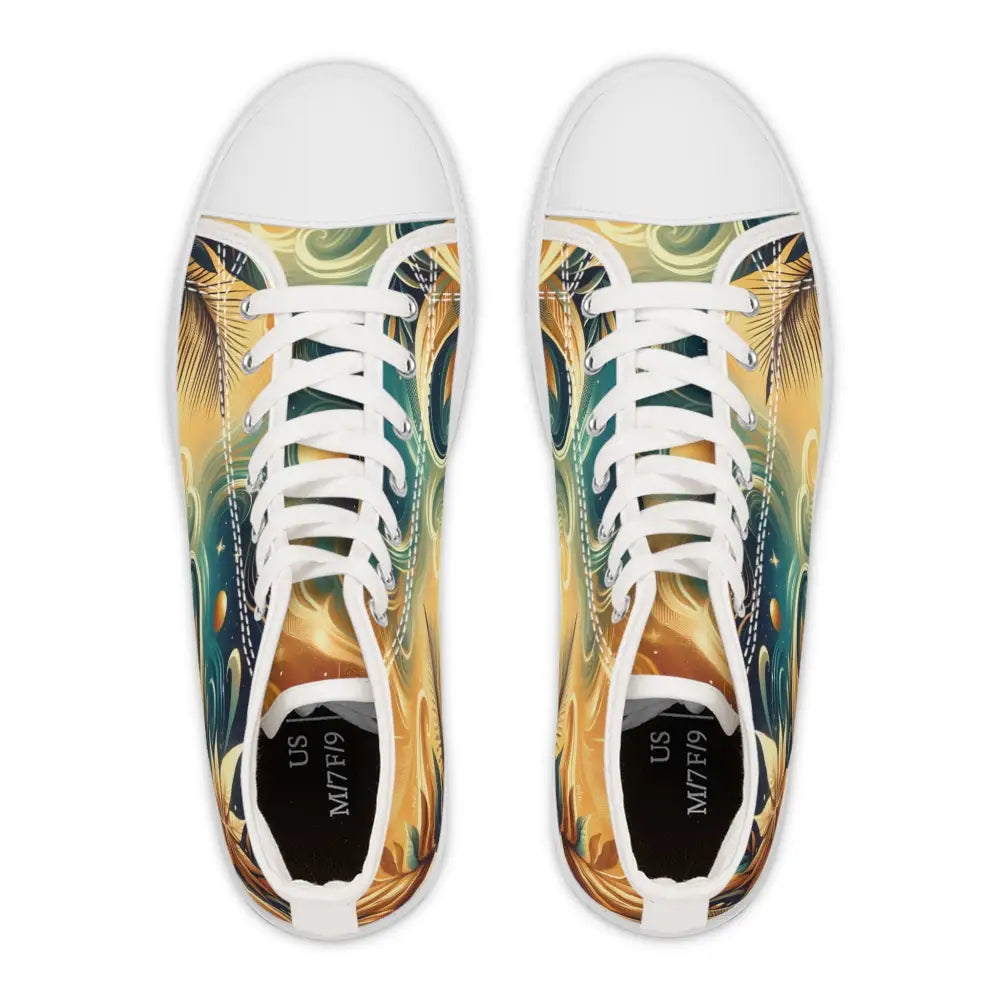 Women’s high top sneakers with abstract Nebula Bloom Cascade design at PixiOnyx Footwear