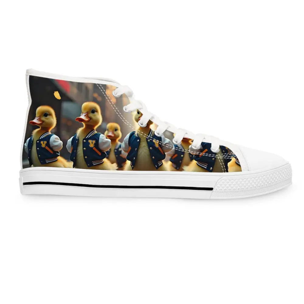 Women’s high-top sneaker featuring a playful duckling print from PixiOnyx Street Surreal Footwear
