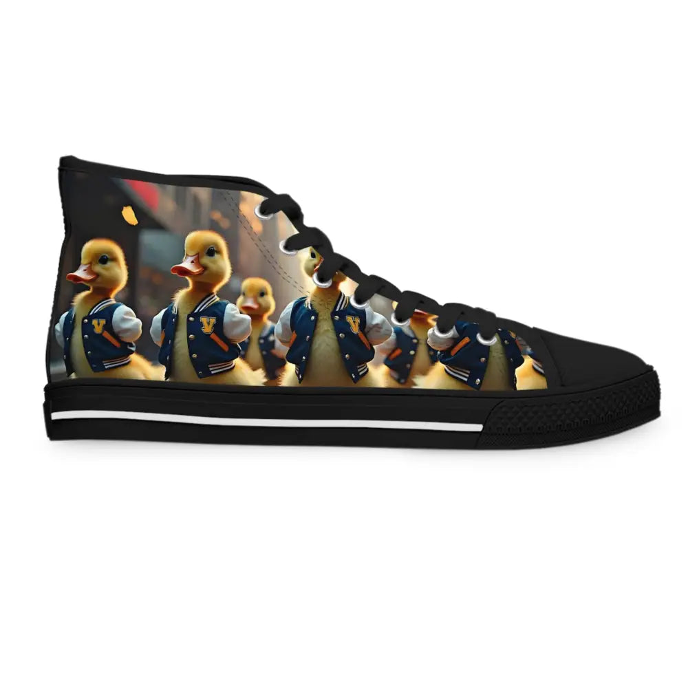 Black high-top sneaker with duckling print from PixiOnyx Street Surreal Footwear Varsity Duck Squad