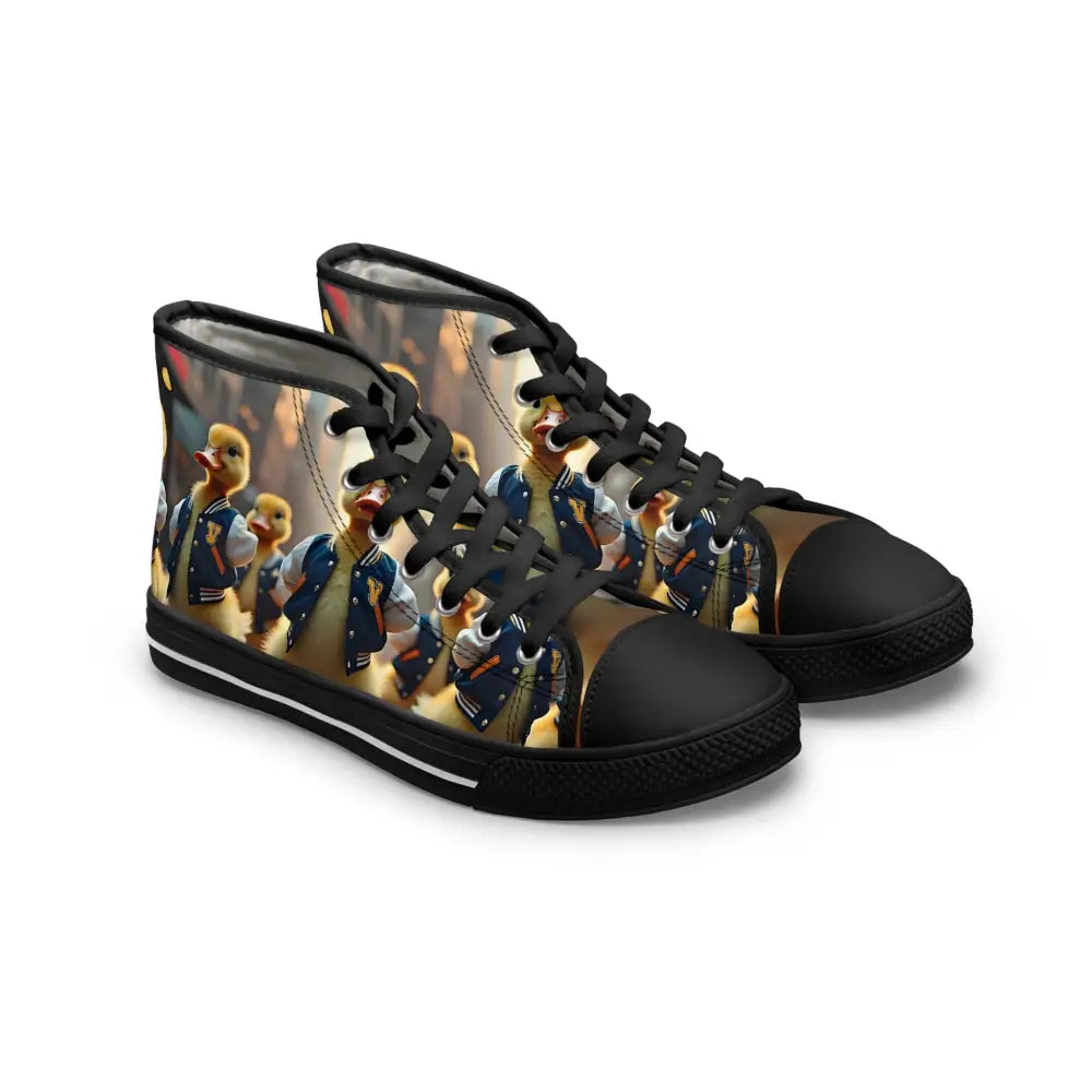 Women’s high-top sneakers featuring duckling print from PixiOnyx Street Surreal Footwear