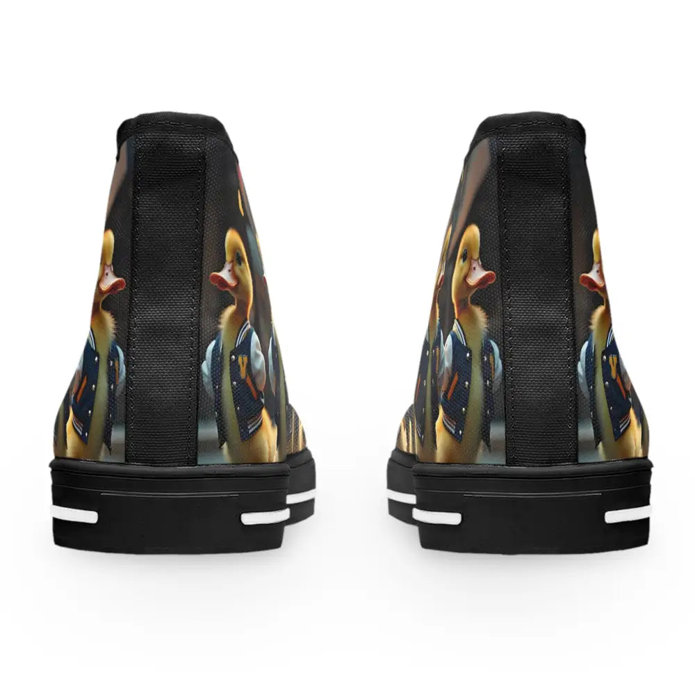 Duck-themed high-top sneakers in Women’s Varsity Duck Squad by PixiOnyx Street Surreal Footwear