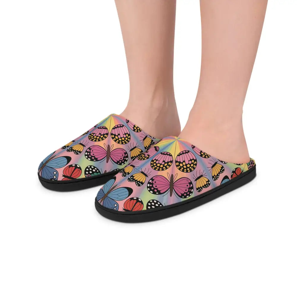 Colorful butterfly pattern indoor slippers with vivid butterfly symmetries, Kaleidoscope Flight design