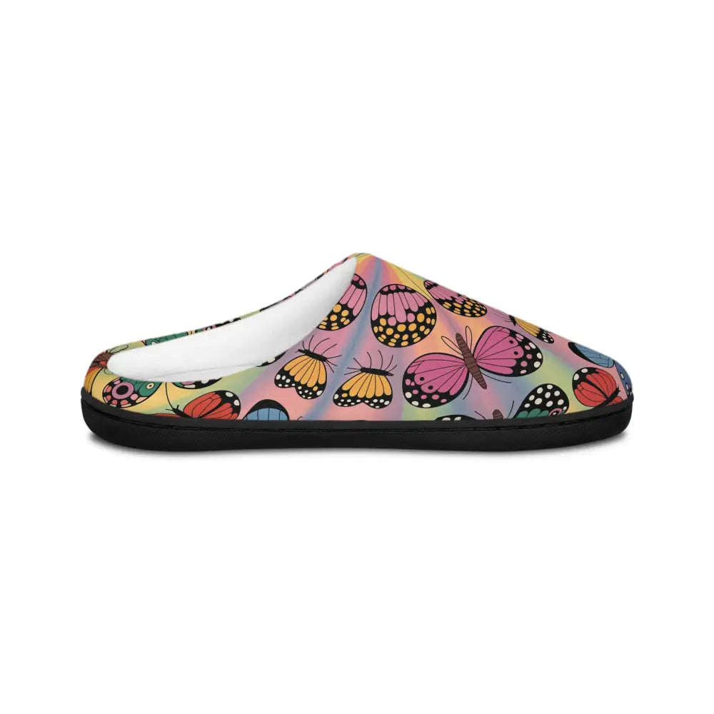 Colorful butterfly print indoor slippers with black sole from Kaleidoscope Flight collection