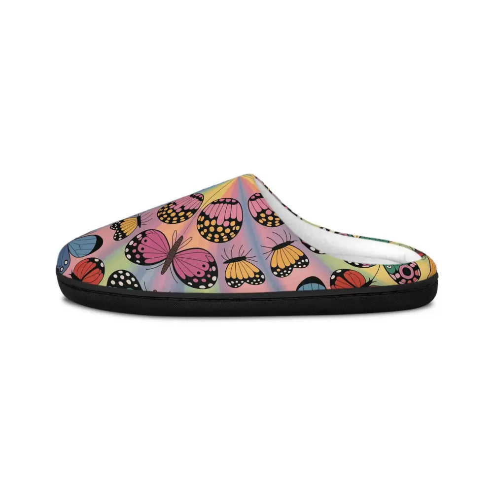 Colorful indoor slippers with vivid butterfly symmetries in Kaleidoscope Flight design