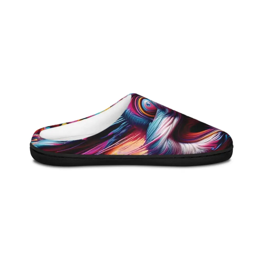Colorful owl-themed indoor slipper from Women’s Indoor Slippers Pixel Panic by PixiOnyx Housebound Havoc