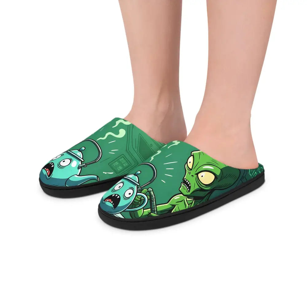 Cartoon alien slippers for women featuring cozy sci-fi themed design