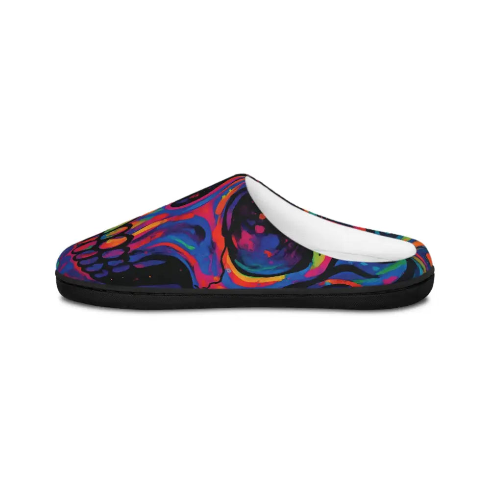 Colorful skull slipper for women with psychedelic neon skeleton art by PixiOnyx