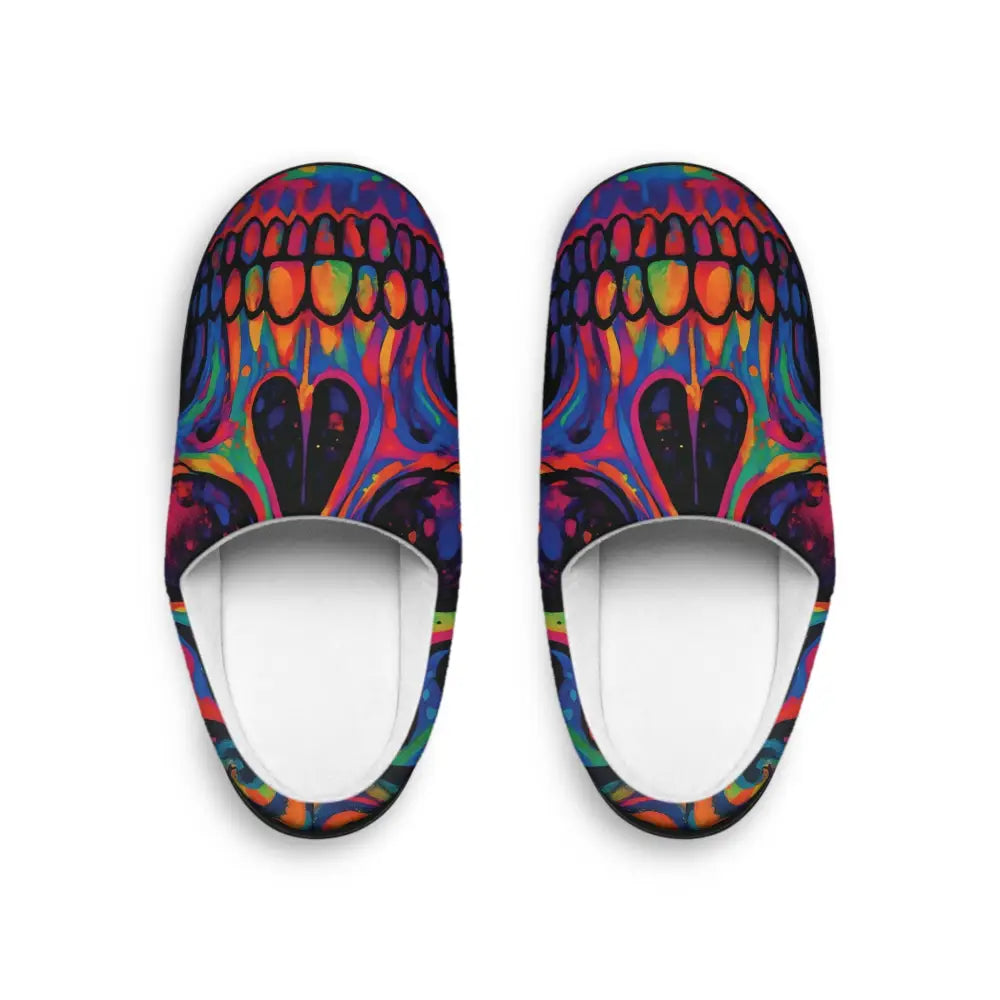 Colorful skull-patterned indoor slippers with neon skeleton art by PixiOnyx